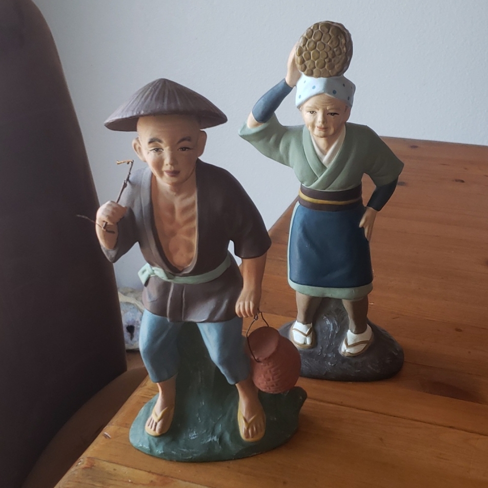 Japanese Vintage Fisherman 9.5" & Woman 10" EUC